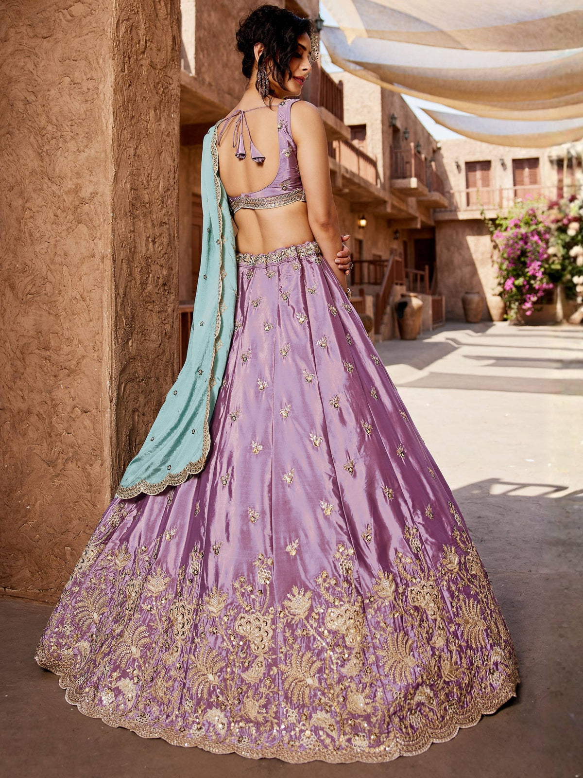 Designer Lavender Art Silk Floral Zari Dori Work Lehenga Choli with Chinon Dupatta