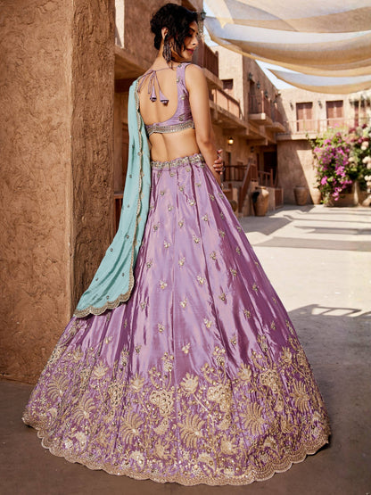 Designer Lavender Art Silk Floral Zari Dori Work Lehenga Choli with Chinon Dupatta