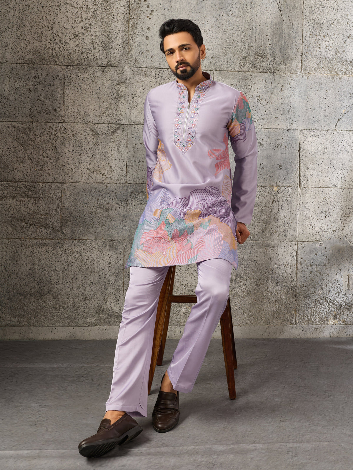 Lavender Soft Silk Designer Kurta Bell Bottom Set