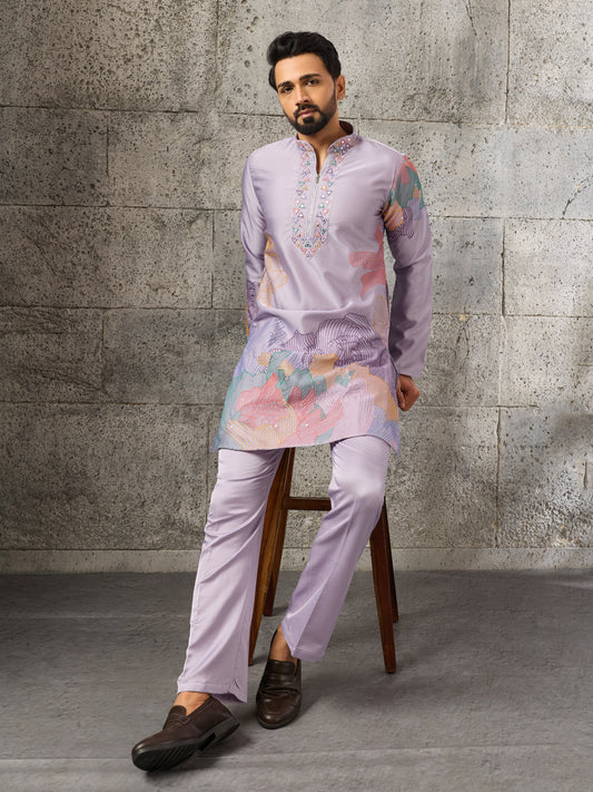 Lavender Soft Silk Designer Kurta Bell Bottom Set