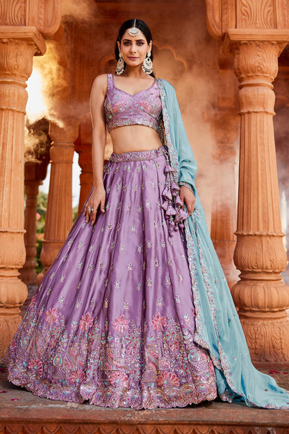 Luxury Lavender Rangoli Silk Zari Dori Sequins Festive Lehenga Choli