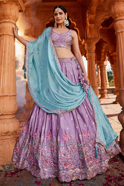 Luxury Lavender Rangoli Silk Zari Dori Sequins Festive Lehenga Choli