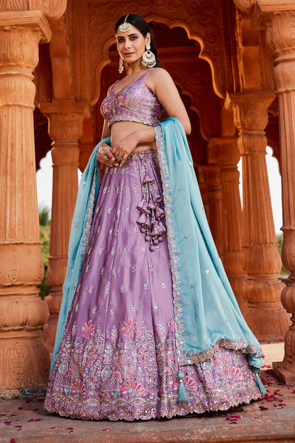 Luxury Lavender Rangoli Silk Zari Dori Sequins Festive Lehenga Choli