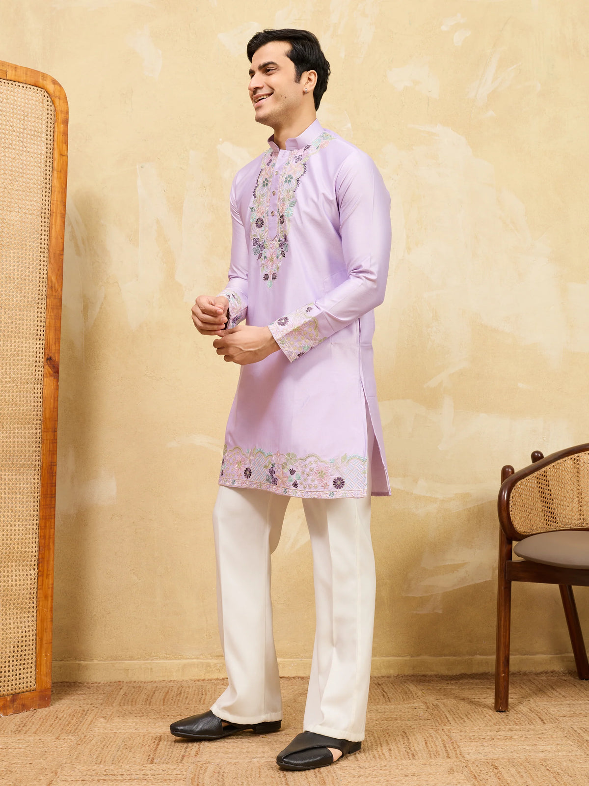 Premium Lavender Viscose Silk Thread Work Kurta Set