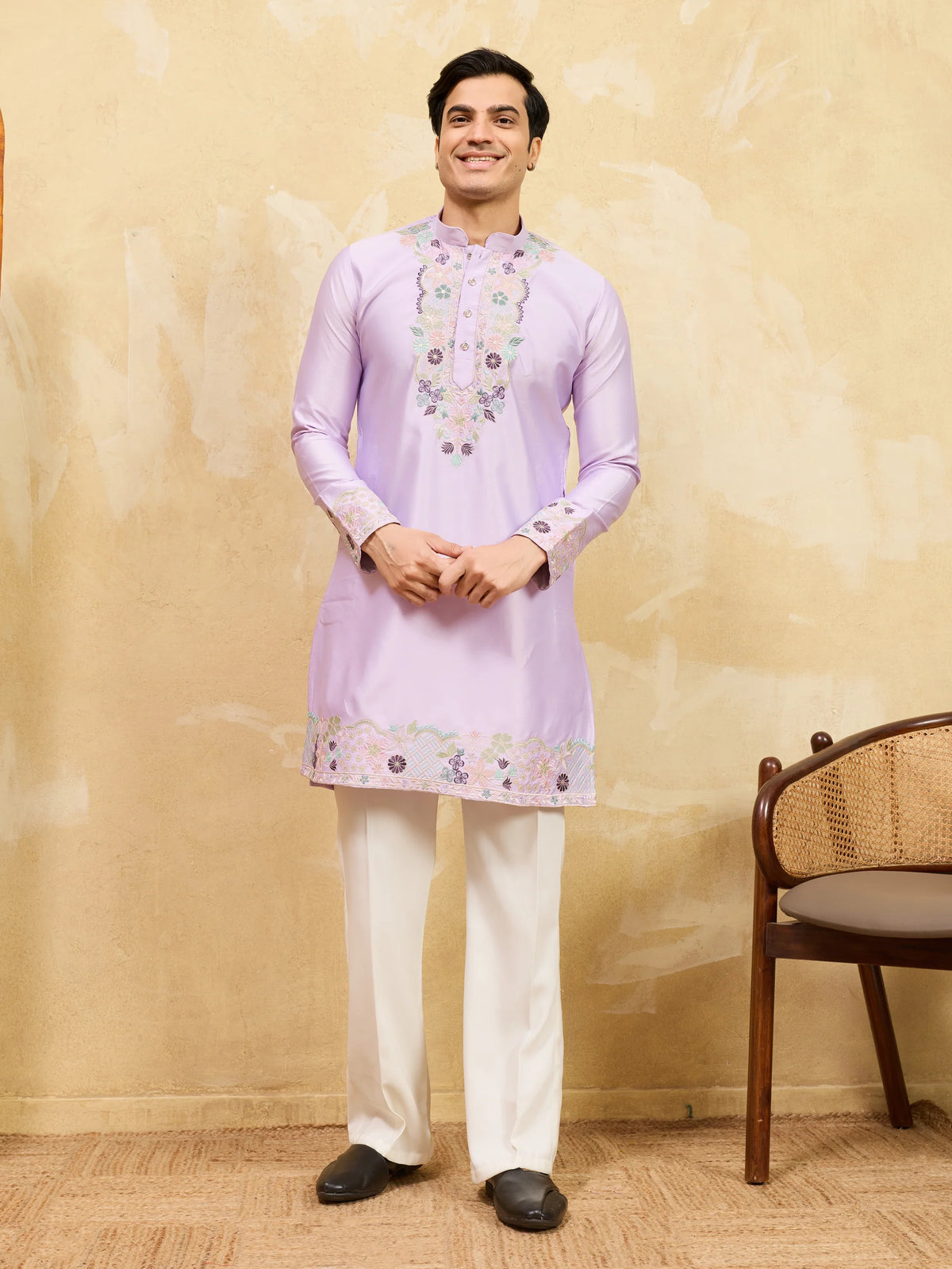 Premium Lavender Viscose Silk Thread Work Kurta Set