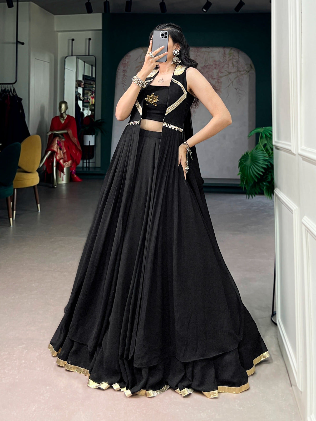 Black Elegant Lotus Handwork Navratri Wear Lehenga Set with Jacket