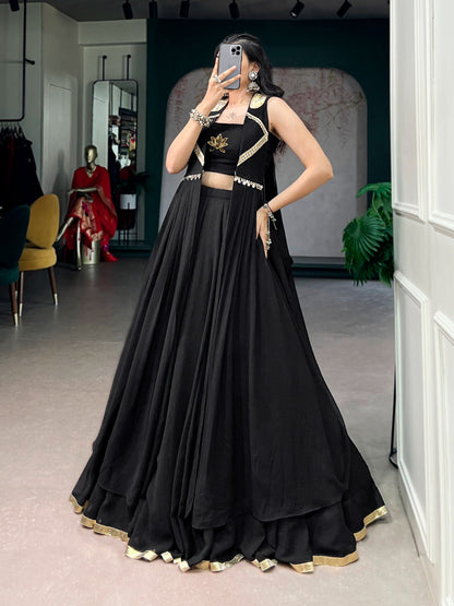 Black Elegant Lotus Handwork Navratri Wear Lehenga Set with Jacket