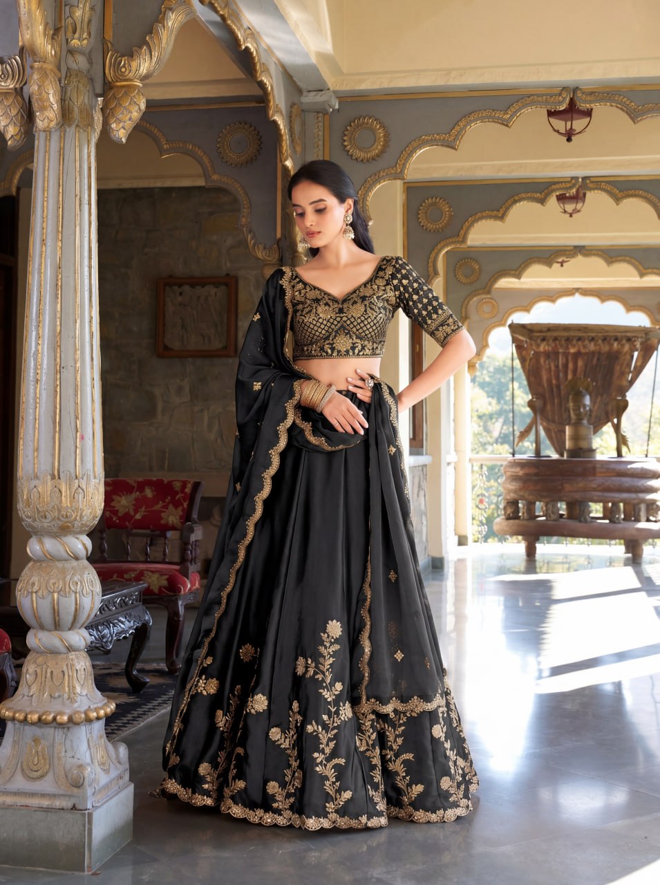 Luxury Rangoli Silk Zari Dori Sequins Embroidered Lehenga Choli Set with Cutwork Dupatta