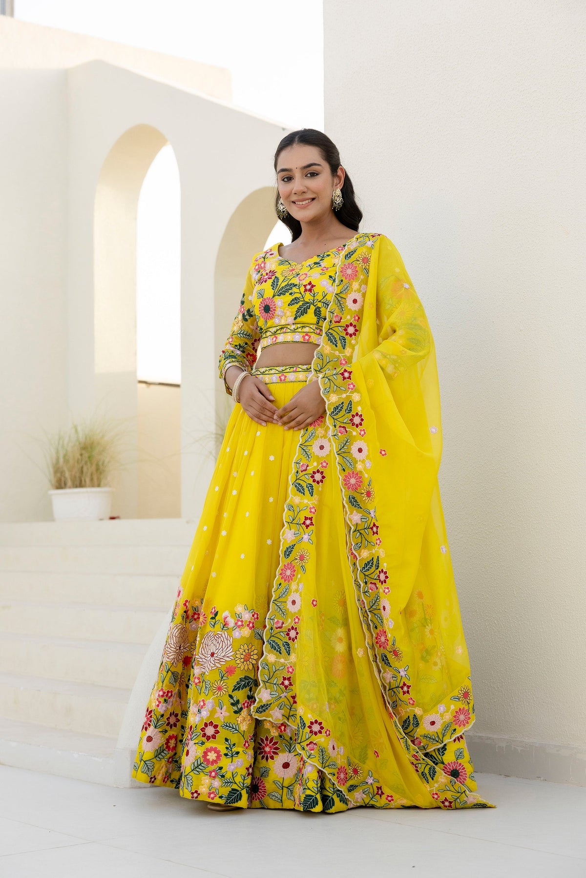 Luxury Yellow Organza Thread and Sequins Work Lehenga Choli Set