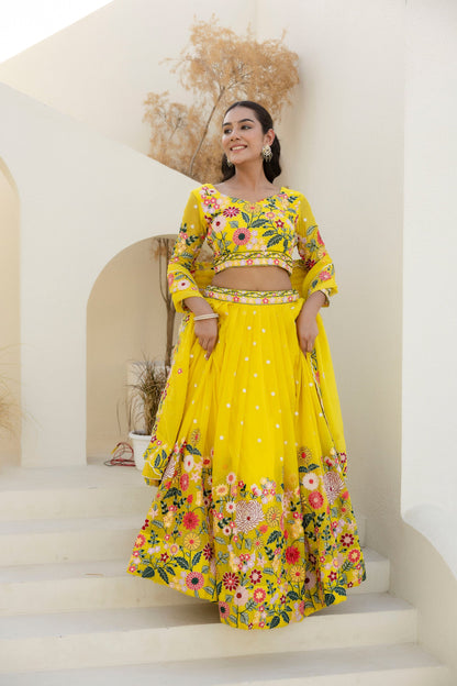 Luxury Yellow Organza Thread and Sequins Work Lehenga Choli Set
