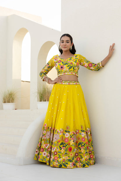 Luxury Yellow Organza Thread and Sequins Work Lehenga Choli Set