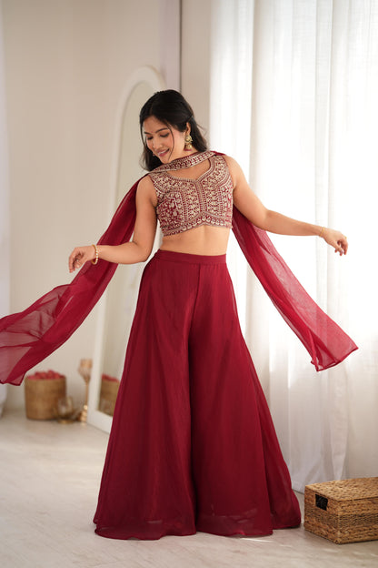 Designer Maroon Crunchy Silk Embroidered Work Crop Top Palazzo Set