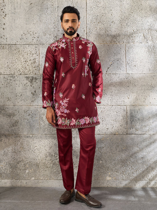 Royal Maroon Silk Thread Embroidered Kurta Set