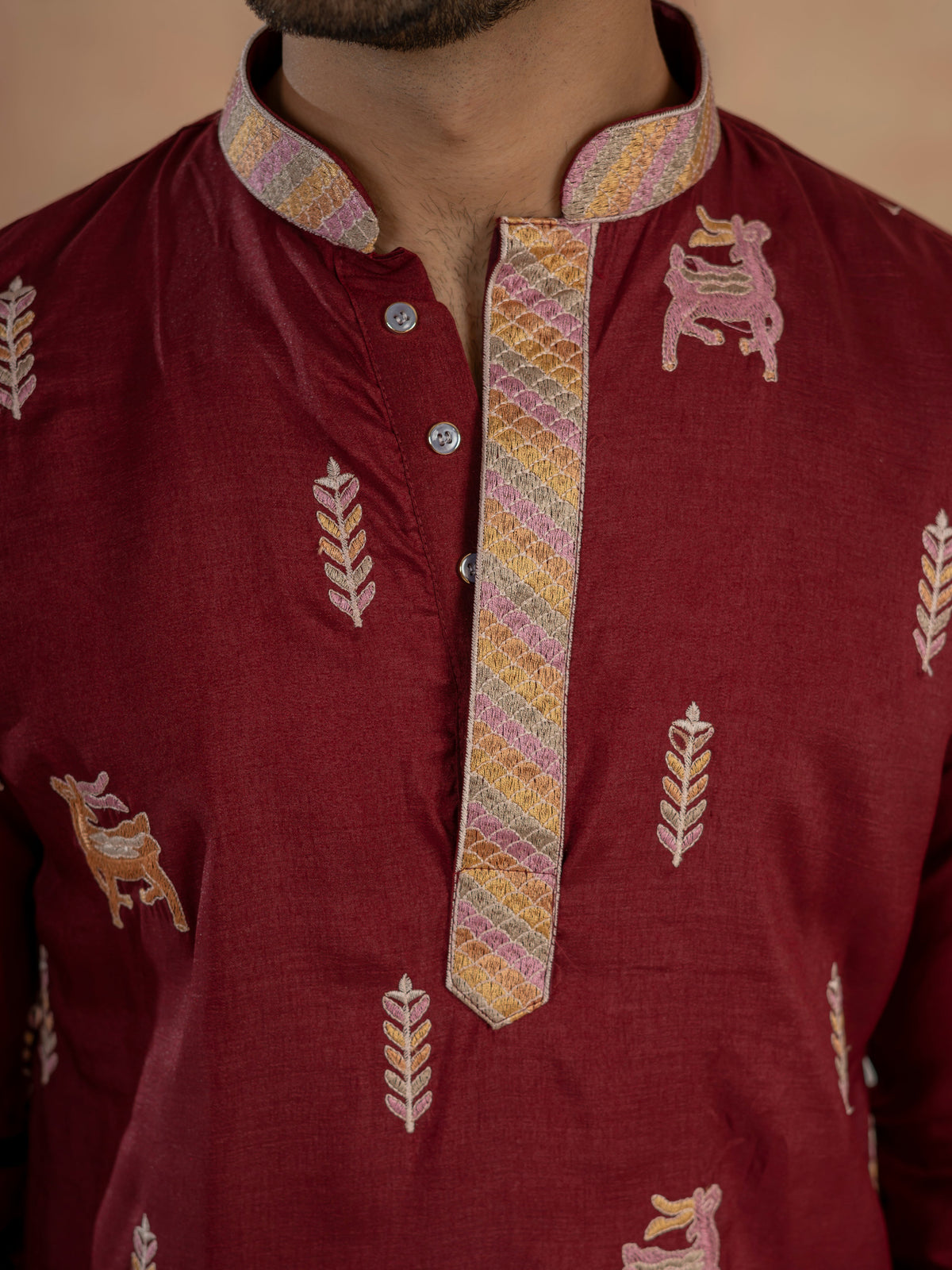 Partywear Maroon Silk Embroidered Work Kurta Set For Mens