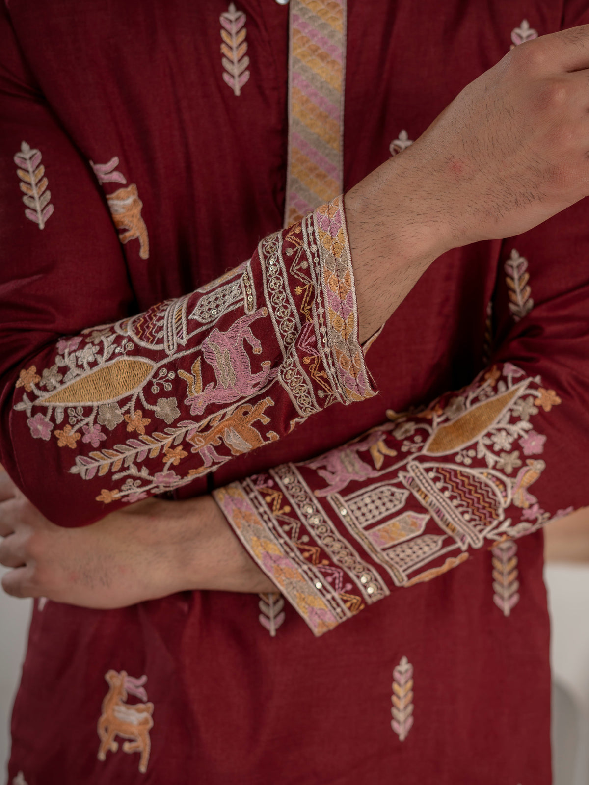 Partywear Maroon Silk Embroidered Work Kurta Set For Mens