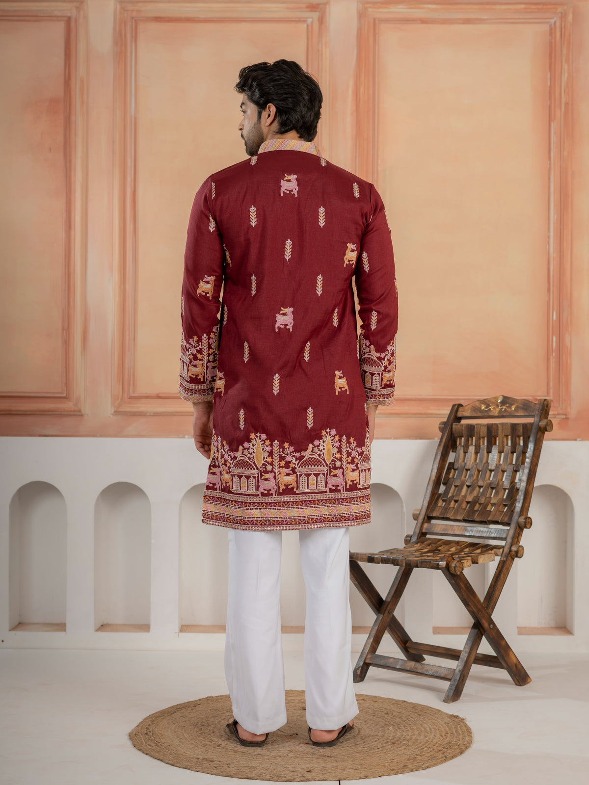 Partywear Maroon Silk Embroidered Work Kurta Set For Mens