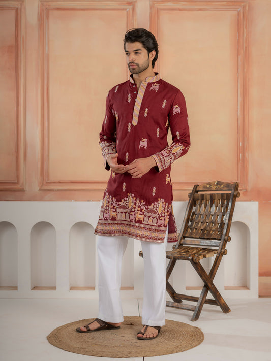 Partywear Maroon Silk Embroidered Work Kurta Set For Mens