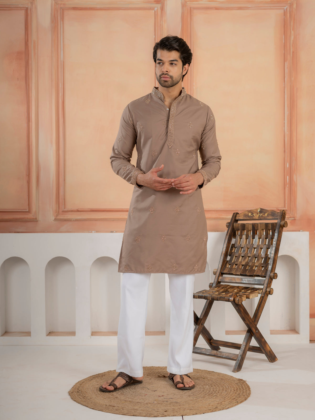 Modern Dusty Brown Soft Cotton Kurta Set with Butta Embroidery