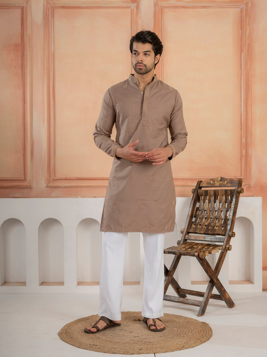 Modern Dusty Brown Soft Cotton Kurta Set with Butta Embroidery