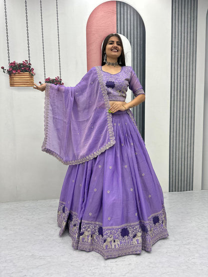 Heavy Thread Embroidery Moss Shimmer Fabric Lehenga Choli with Dupatta