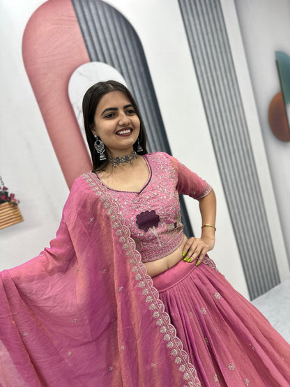 Heavy Thread Embroidery Moss Shimmer Fabric Lehenga Choli with Dupatta