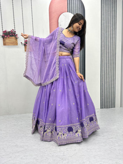 Heavy Thread Embroidery Moss Shimmer Fabric Lehenga Choli with Dupatta 