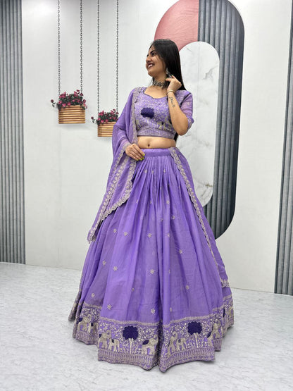 Heavy Thread Embroidery Moss Shimmer Fabric Lehenga Choli with Dupatta