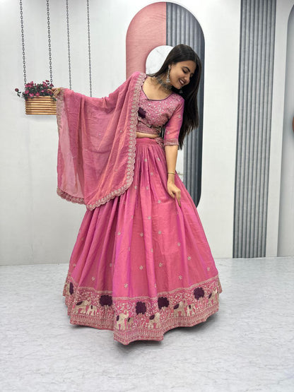 Heavy Thread Embroidery Moss Shimmer Fabric Lehenga Choli with Dupatta
