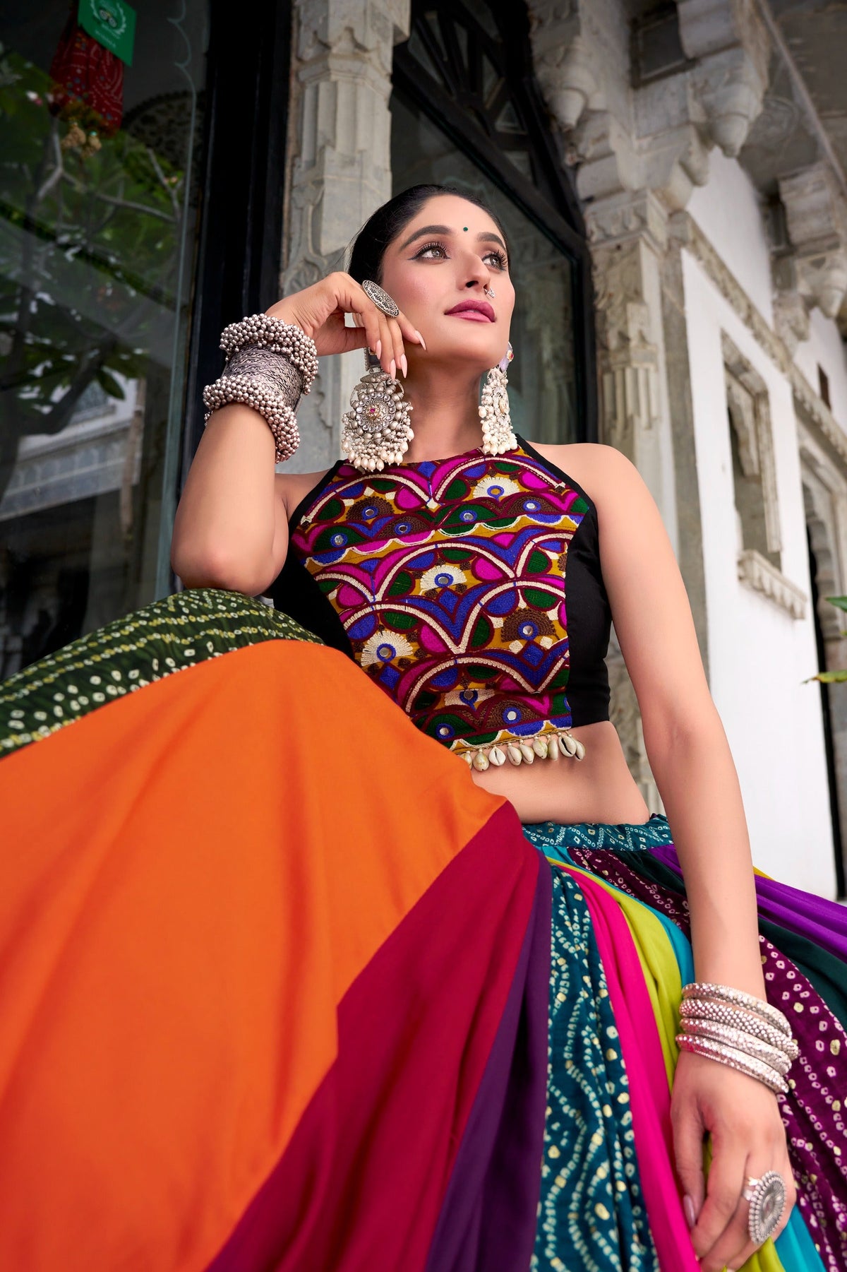 Garba Special Rainbow Printed Rayon Mirror Work Lehenga with Blouse