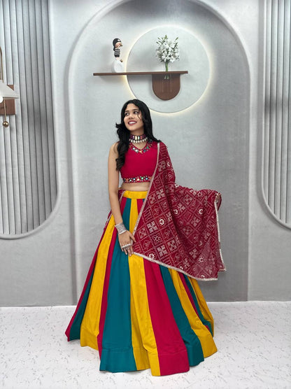 Designer Multi Color Mirror Work Cotton Lehenga With Dupatta