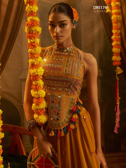 Mustard Georgette Mirror Top Plazzo Set | Tulip Designer