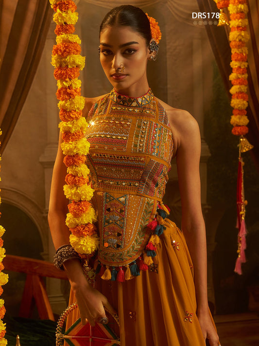 Mustard Georgette Mirror Top Plazzo Set | Tulip Designer