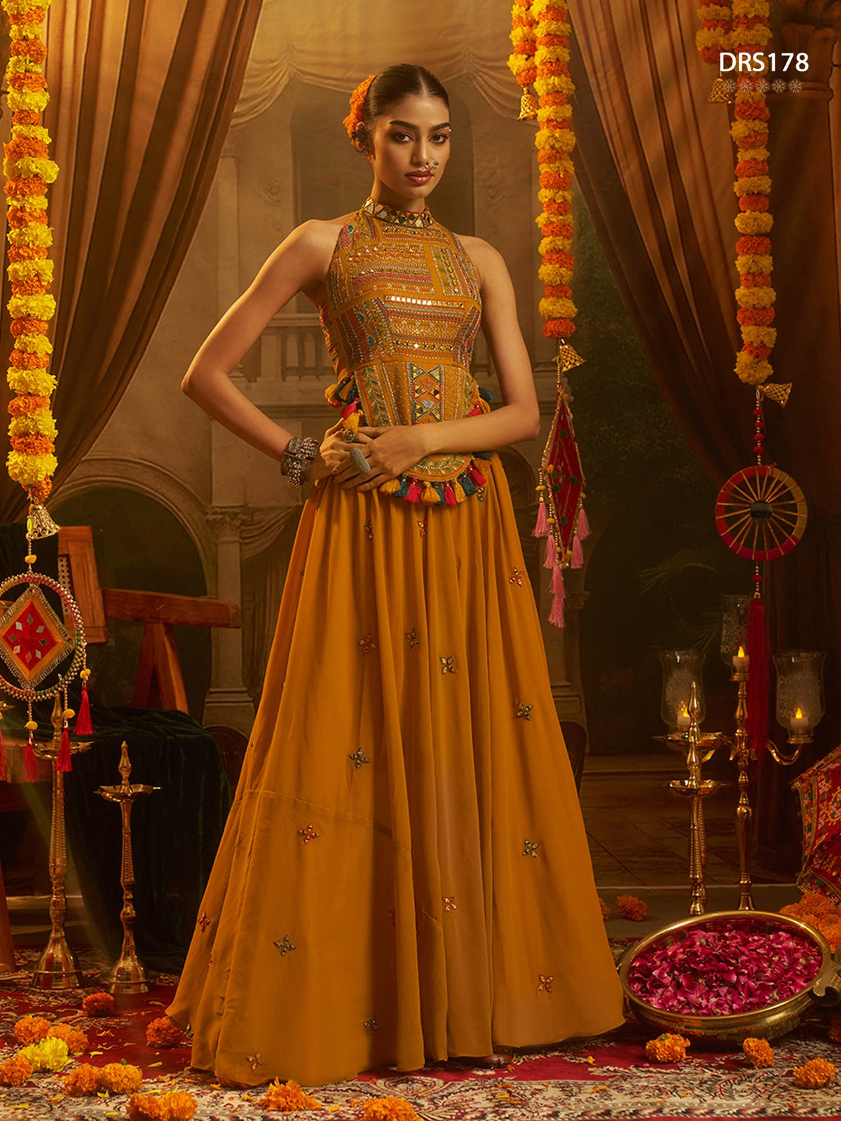 Mustard Georgette Mirror Top Plazzo Set | Tulip Designer