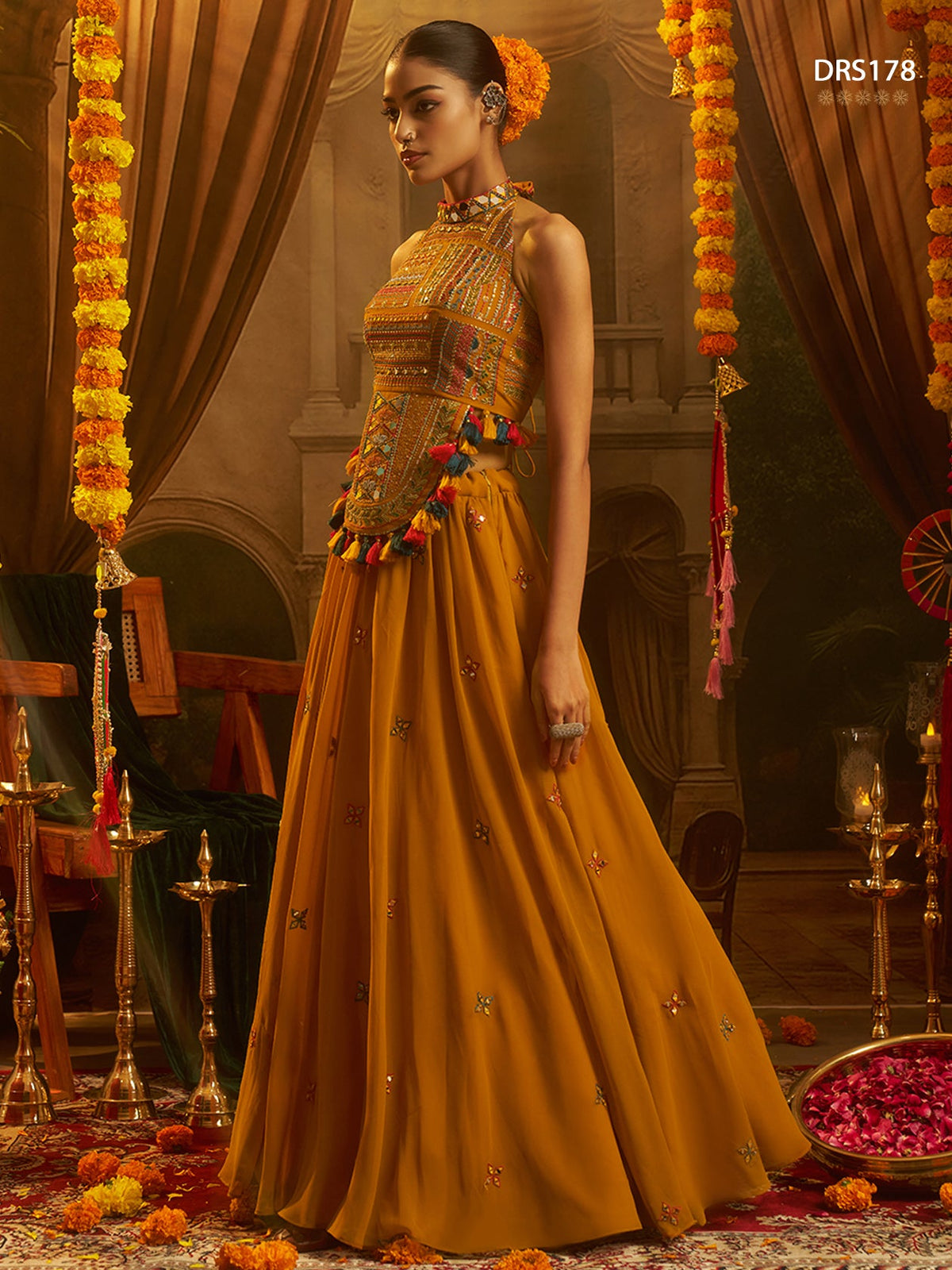 Mustard Georgette Mirror Top Plazzo Set | Tulip Designer
