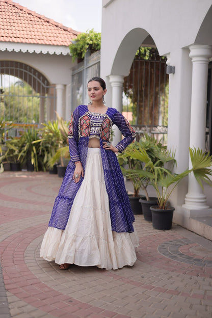 Designer Navratri Kora Cotton Frill Stitch Lehenga with Laheriya Kurti