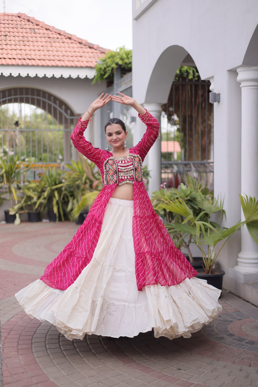 Designer Navratri Kora Cotton Frill Stitch Lehenga with Laheriya Kurti 