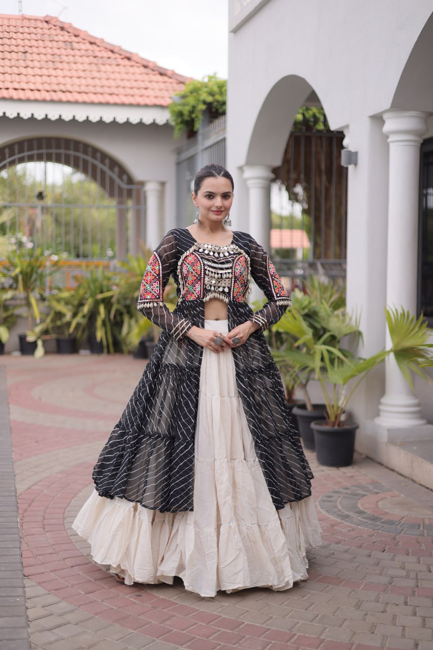 Designer Navratri Kora Cotton Frill Stitch Lehenga with Laheriya Kurti 
