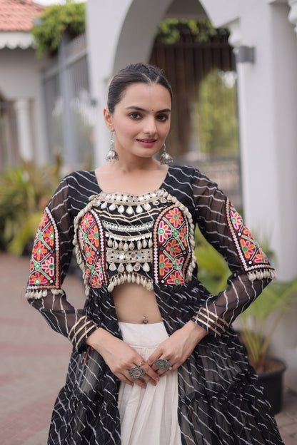 Designer Navratri Kora Cotton Frill Stitch Lehenga with Laheriya Kurti
