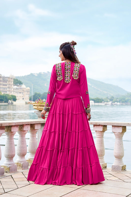 Navratri Special Gamthi Work Mirror Lehenga Set with Designer Koti