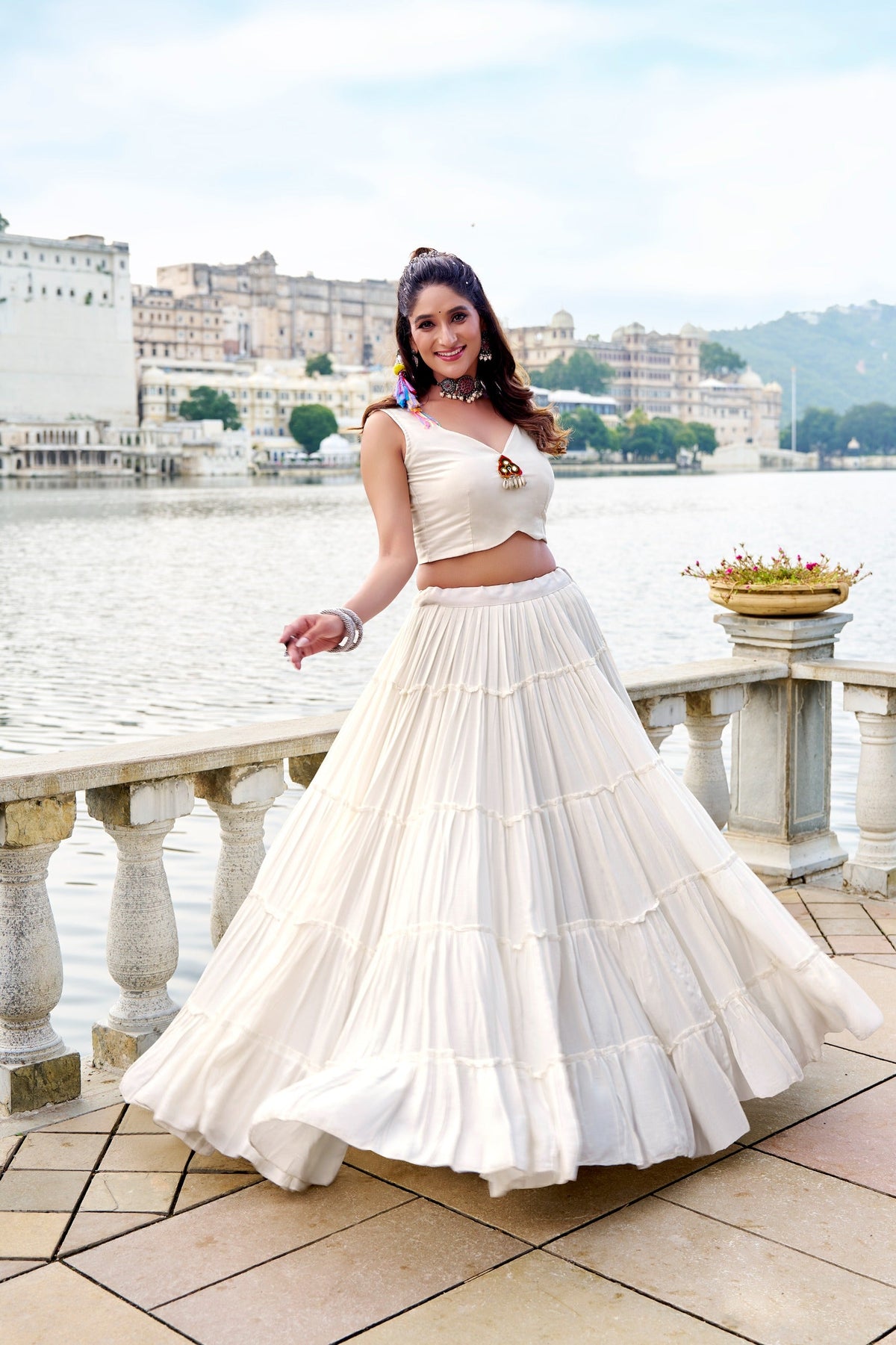 Navratri Special Gamthi Work Mirror Lehenga Set with Designer Koti