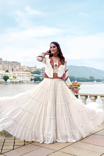 Navratri Special Gamthi Work Mirror Lehenga Set with Designer Koti 