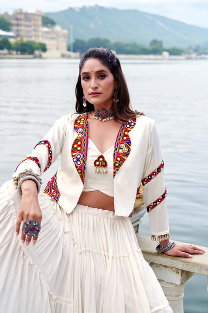 Navratri Special Gamthi Work Mirror Lehenga Set with Designer Koti