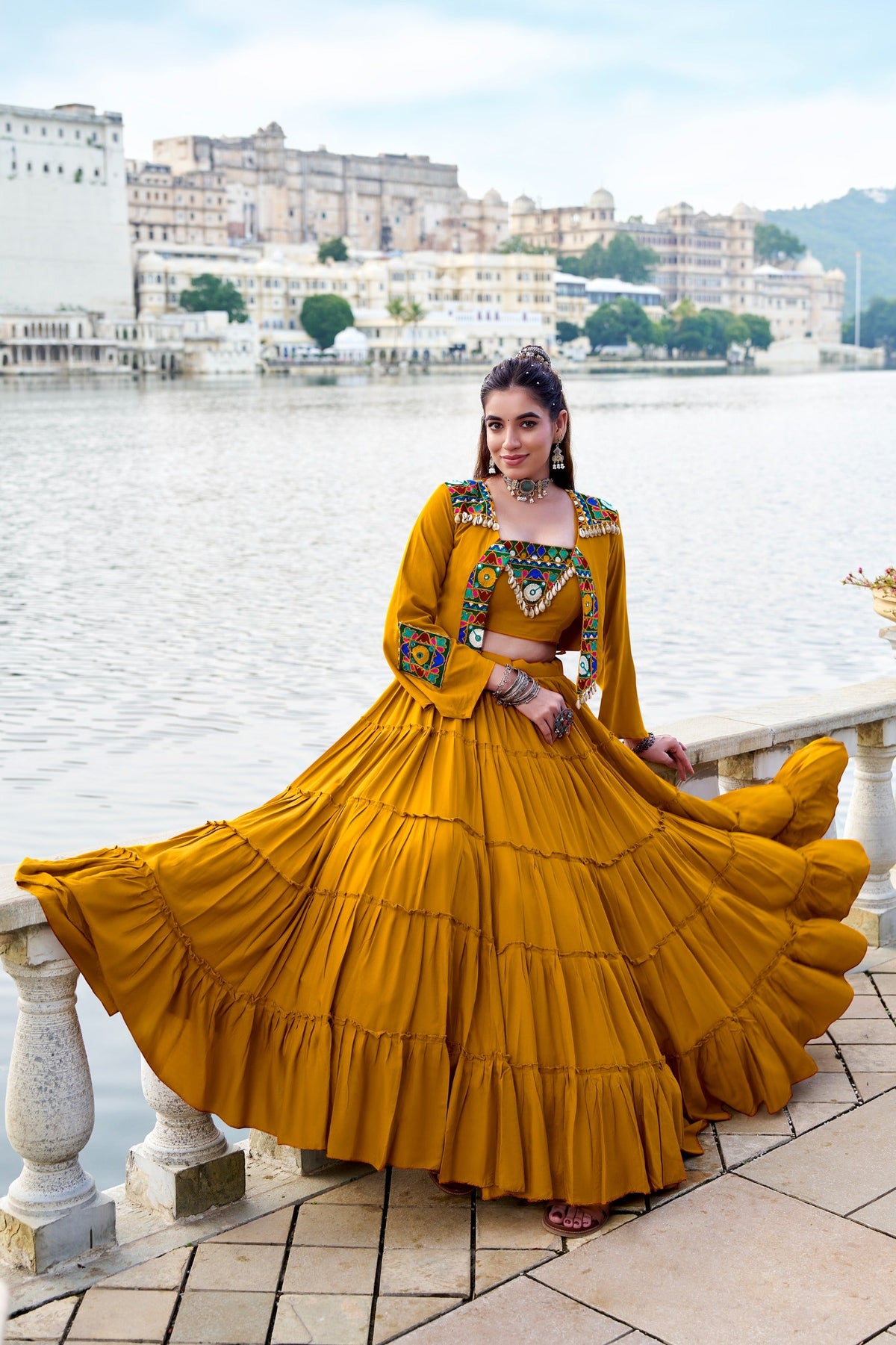 Navratri Special Gamthi Work Mirror Lehenga Set with Designer Koti
