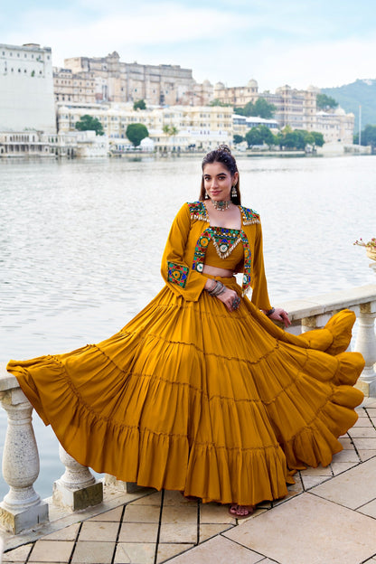 Navratri Special Gamthi Work Mirror Lehenga Set with Designer Koti