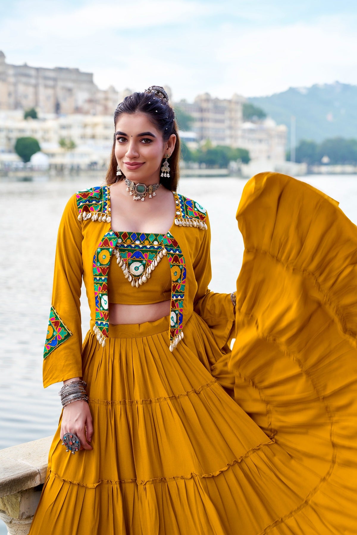 Navratri Special Gamthi Work Mirror Lehenga Set with Designer Koti