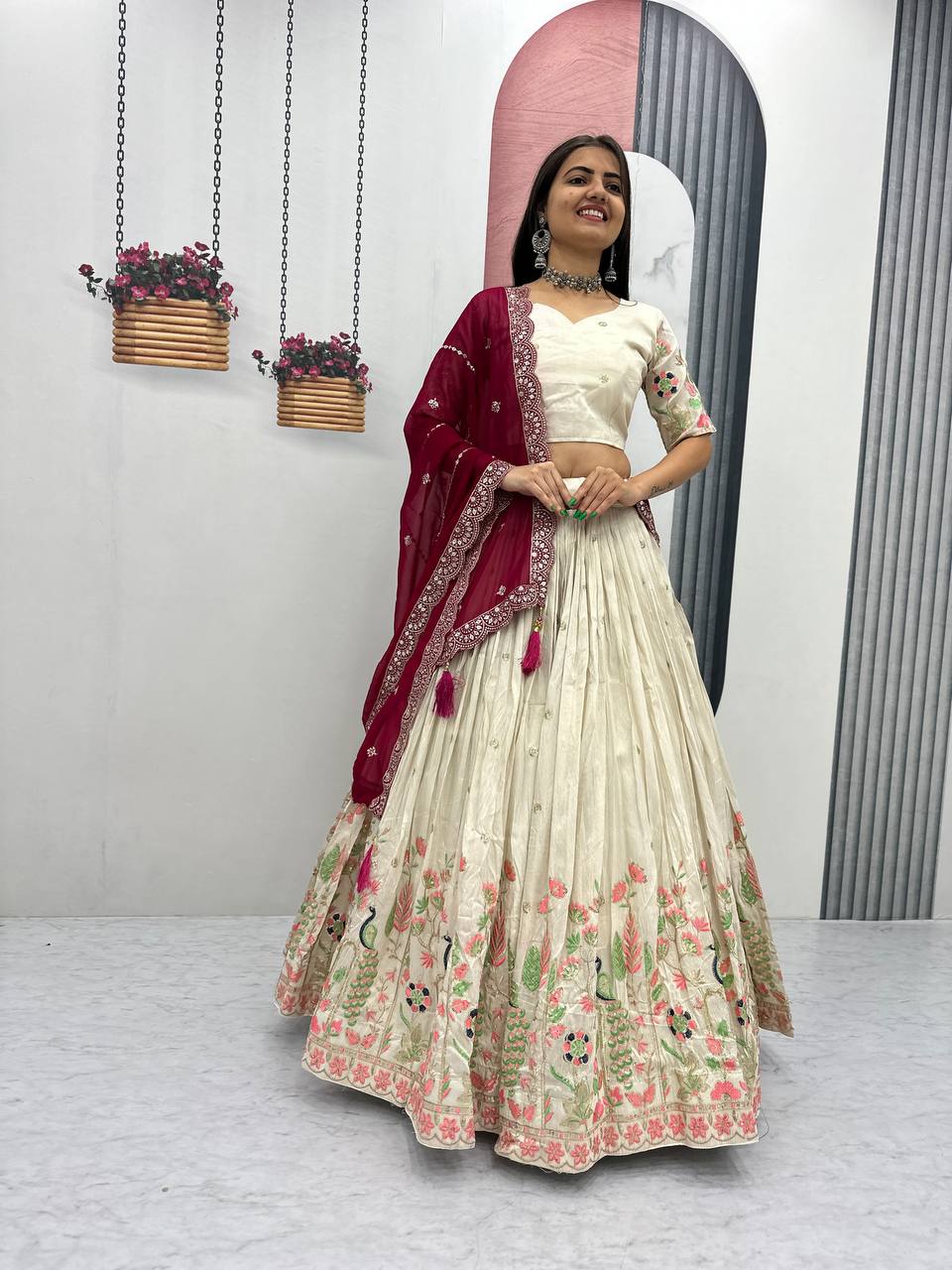 Off-White Tissue Silk Embroidered Lehenga Choli with Dupatta