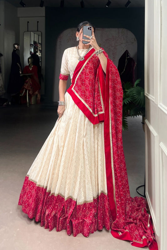 Off White Cotton Designer Zigzag And Bandhej Printed Beautiful Navratri Lehenga Choli