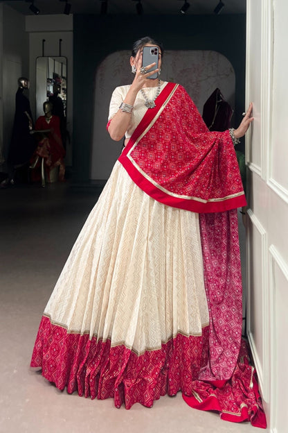 Off White Cotton Designer Zigzag And Bandhej Printed Beautiful Navratri Lehenga Choli