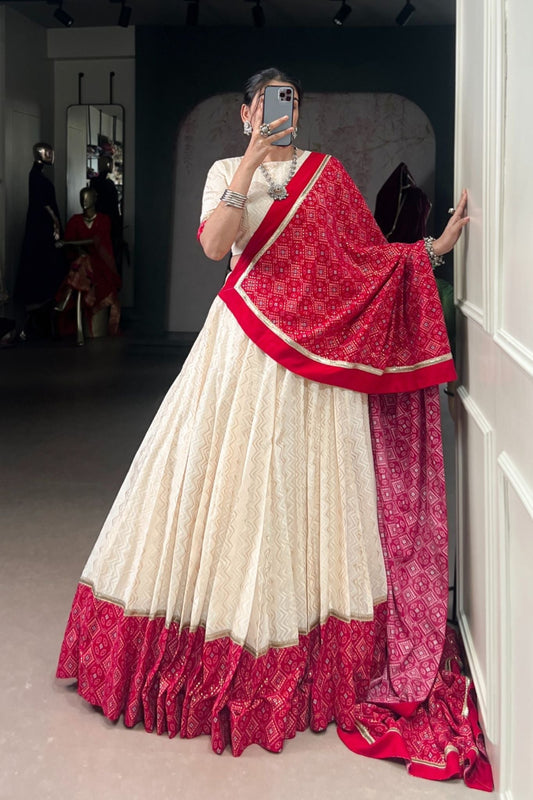 Off White Cotton Designer Zigzag And Bandhej Printed Beautiful Navratri Lehenga Choli