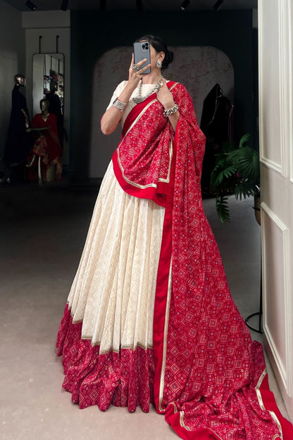 Off White Cotton Designer Zigzag And Bandhej Printed Beautiful Navratri Lehenga Choli